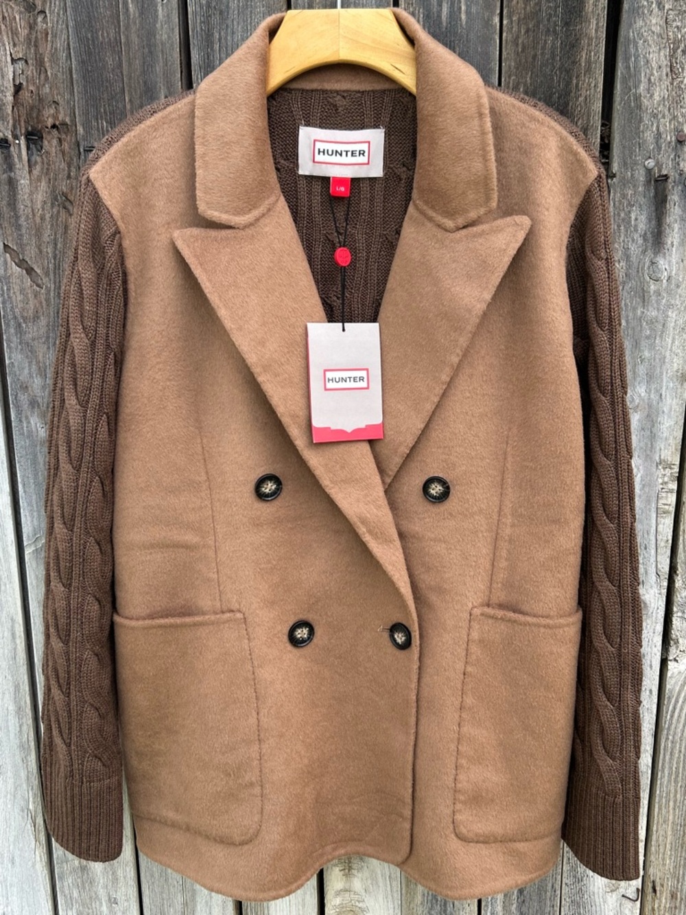 NWT Hunter Double Breasted Wool Blend Sweater Jacket Camel Tan Brown L - Picture 16 of 16